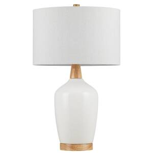 22. 5 in. White Crackle Ceramic Table Lamp with Natural Wood Decorates