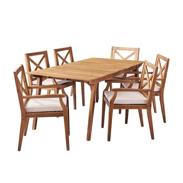Mesa Teak Brown 7-Piece Wood Outdoor Dining Set with Cream Cushions