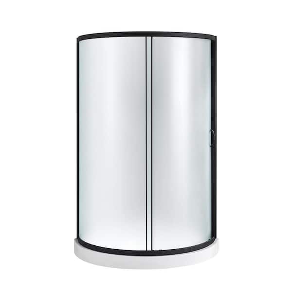 Breeze 36 in. L x 36 in. W x 77 in. H Corner Shower Kit with Frosted Framed Sliding Door in Black and Shower Pan
