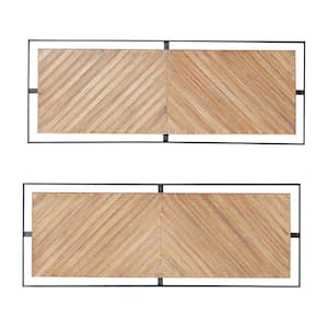 Wood Brown Linear Carved Geometric Wall Decor with Black Frame (Set of 2)
