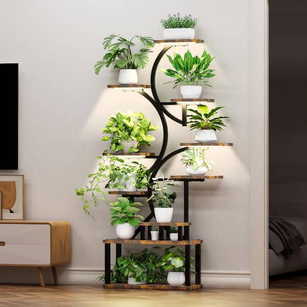 68.5 in. H Brown S-shaped MDF Indoor Plant Stand with 5 Grow Lights 10 Tiered Tall Plant Shelf 10-Level Stepless Dimming