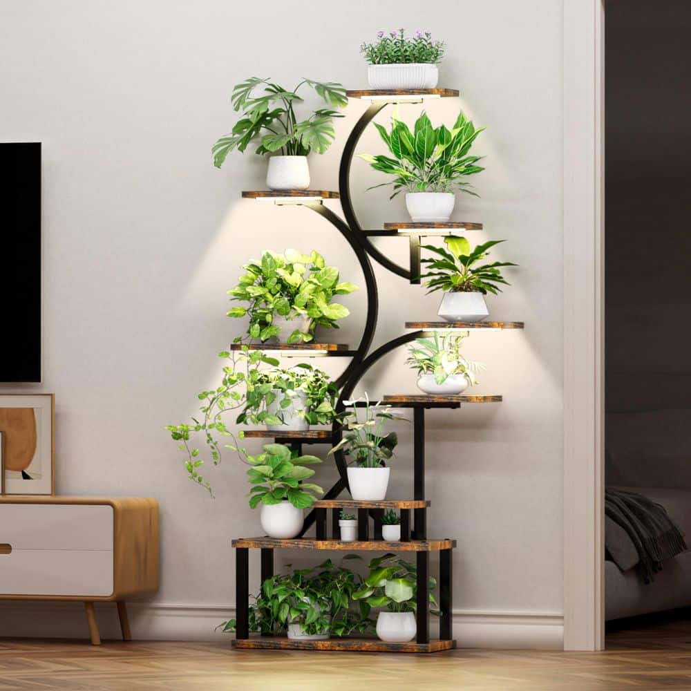 68.5 in. H Brown S-shaped MDF Indoor Plant Stand with 5 Grow Lights 10 Tier