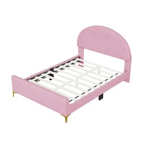 Pink Wood Frame Full Size Velvet Platform Bed with Semi-Circle Shaped headboard and Mental Legs