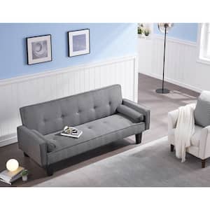 71.6 in Wide Square Arm Linen Straight Sofa in Gray with 2 Pillows, Small Tufted Sofa Bed