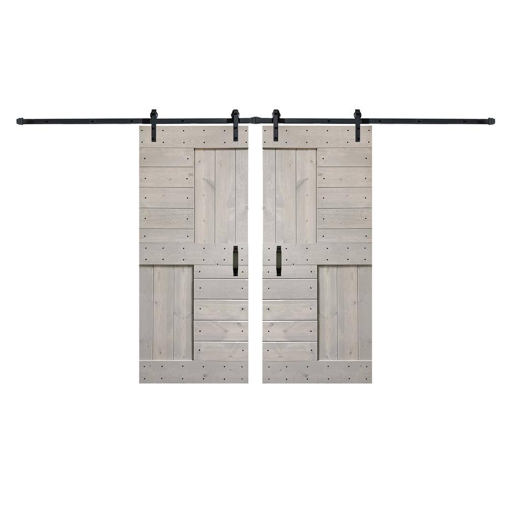 Coast Sequoia 72" x 84" Light Gray Knotty Pine Wood Double Sliding Barn Door with Hardware Kit