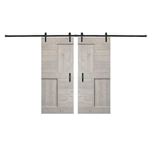 S Series 72 in. x 84 in. Light Gray DIY Knotty Pine Wood Double Sliding Barn Door with Hardware Kit