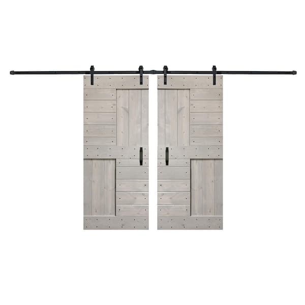 COAST SEQUOIA INC S Series 72 in. x 84 in. Light Gray DIY Knotty Pine Wood Double Sliding Barn Door with Hardware Kit