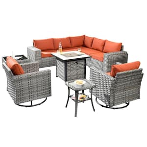 Crater Grey 10-Piece Wicker Patio Fire Pit Conversation Sofa Set with Swivel Rocking Chairs and Orange Red Cushions