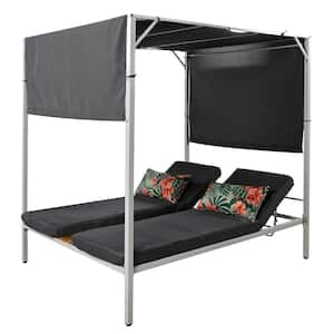 White Metal Outdoor Day Bed with Dark Gray Cushions and Adjustable Seats for Patio, Courtyard and Garden