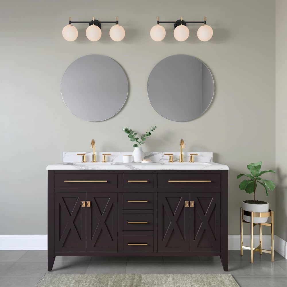 Modern Gold & Matte Black 3-Light 24" Vanity Fixture with Frosted Glass