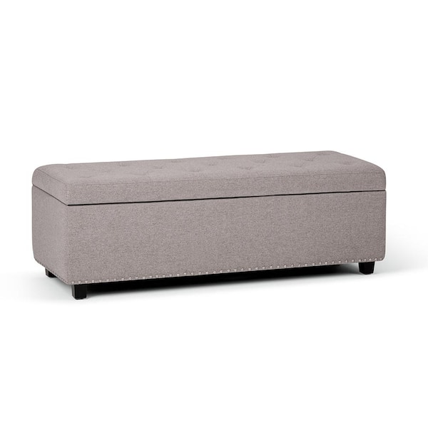 Simpli Home Hamilton 48 in. Wide Transitional Rectangle Storage Ottoman in Cloud Grey Linen Look Fabric