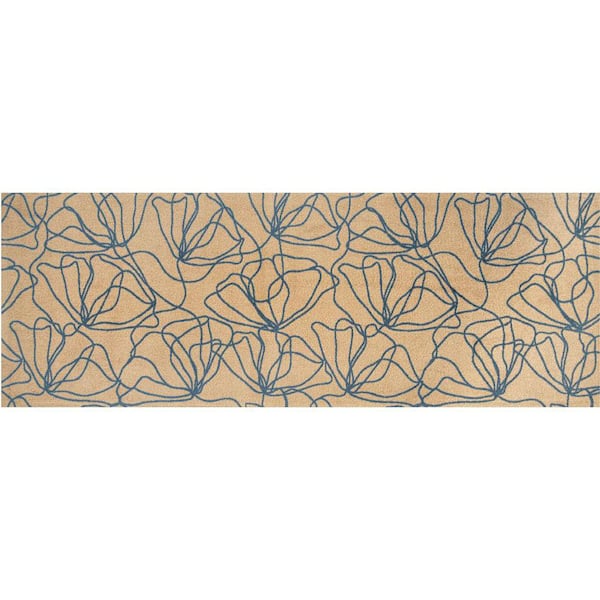 6' Beige And Blue Floral Washable Runner Rug With UV Protection