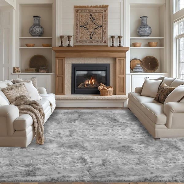 Gray 8 ft. x 10 ft. Large Area Rug Fluffy Fuzzy Furry Faux Fur Sheepskin Area Rug