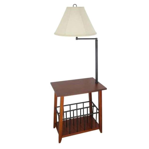 Unbranded 54 in. Mission Oak Magazine Rack Floor Lamp with White Fabric Bell Shade