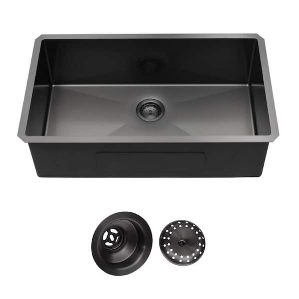 Logmey 33 in. Undermount Single Bowl 18-Gauge Gunmetal Black Stainless Steel Kitchen Sink with Drain Assembly