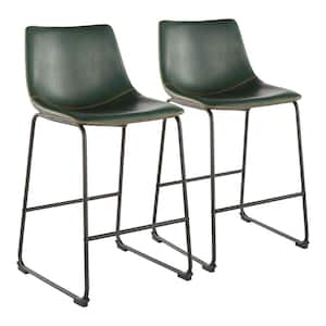 Duke 25 in. Industrial Counter Stool with Green Faux Leather and Orange Stitching (Set of 2)