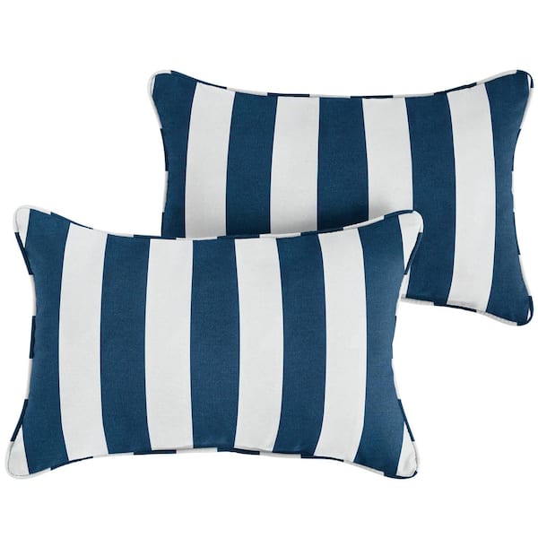 SORRA HOME Navy Stripe Rectangular Outdoor Corded Lumbar Pillows (2-Pack)