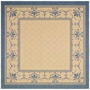 Courtyard Natural/Blue 8 ft. x 8 ft. Square Border Indoor/Outdoor Patio  Area Rug