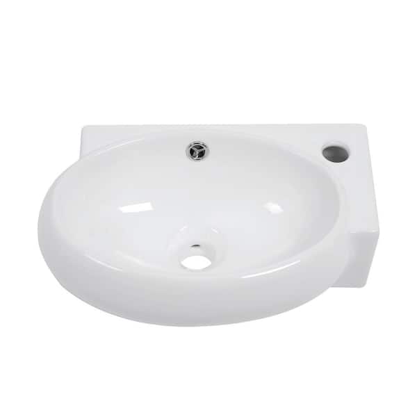 16.5 in. W x 11" D x 5.7" H White Porcelain Ceramic Oval Wall-Mounted Bath Vessel Sink Single Bowl with One Faucet Hole