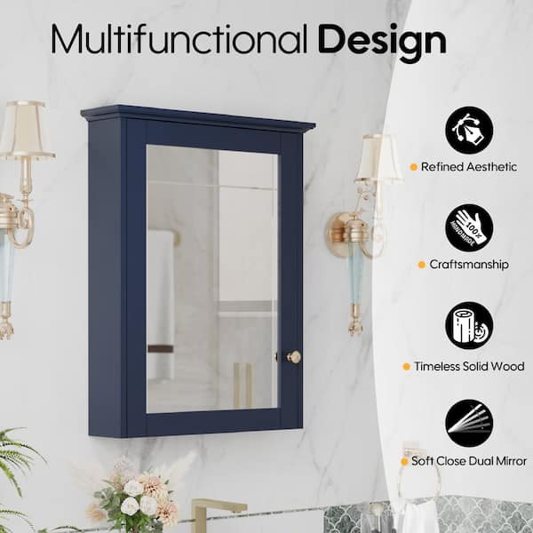 ANGELES HOME 24 in. W x 30 in. H Medium Rectangular Navy Blue Solid Wood Frame Surface Mount Soft Close Medicine Cabinet with Mirror