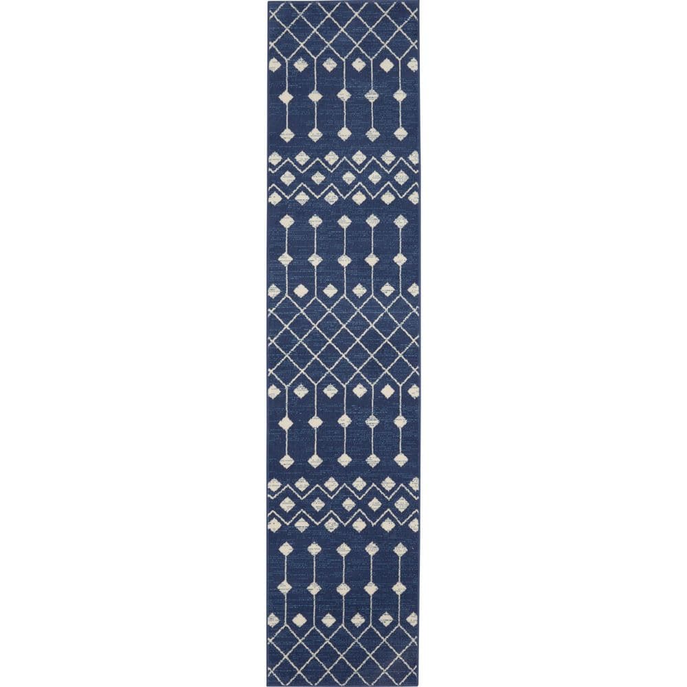 Navy and Ivory Geometric Synthetic Runner Rug