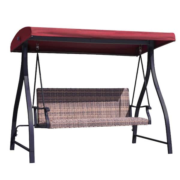 Aoodor 3-Seat Metal Patio Swing with Plastic Rattan Wicker Cushions and Red Adjustable Canopy