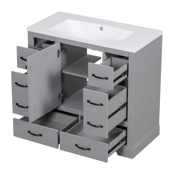 36 in. W x 18 in. D x 34.2 in. H Grey Bathroom Vanity with Single Sink and White Ceramic Top 6-Drawers Adjustable Shelf