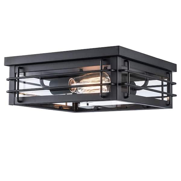 Hampton Bay Broward 13 in. 2-Light Black Outdoor Flush Mount Ceiling Light Fixture with Clear Glass