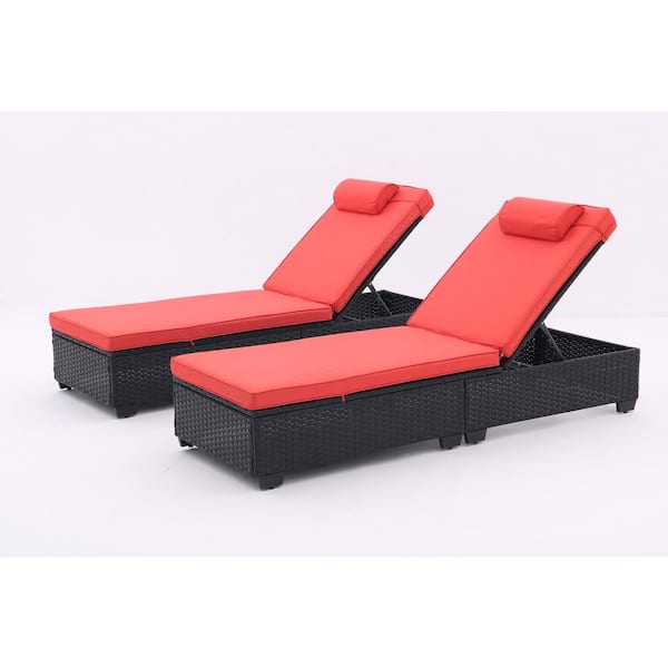 Cesicia 2-Piece Black Wicker Outdoor Chaise Lounge with Red Cushions and Adjustable Backrest