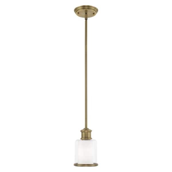 AVIANCE LIGHTING Bellington 1-Light Antique Brass Mini Pendant with Clear Outer Glass and Satin Opal Inner Glass