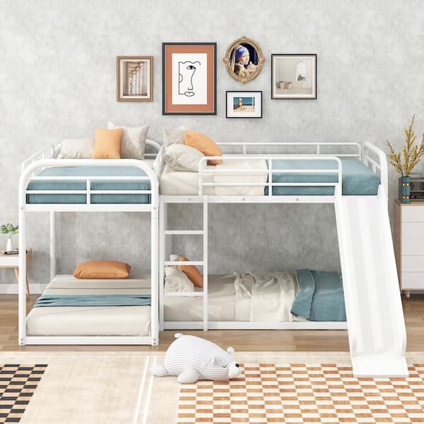 White Full and Twin L-Shaped Bunk Bed with Slide and Short Ladder
