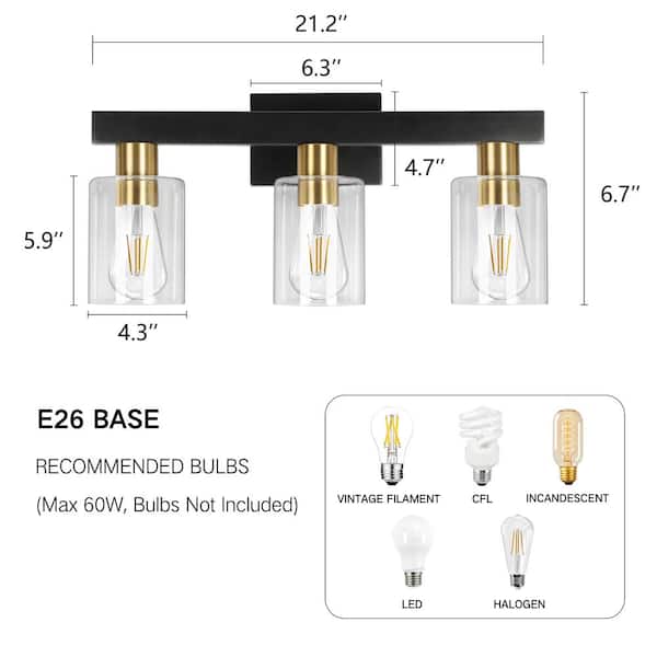 21.2 in. 3-Light Black Glod Vanity Light with Cylindrical Transparent Glass Shade