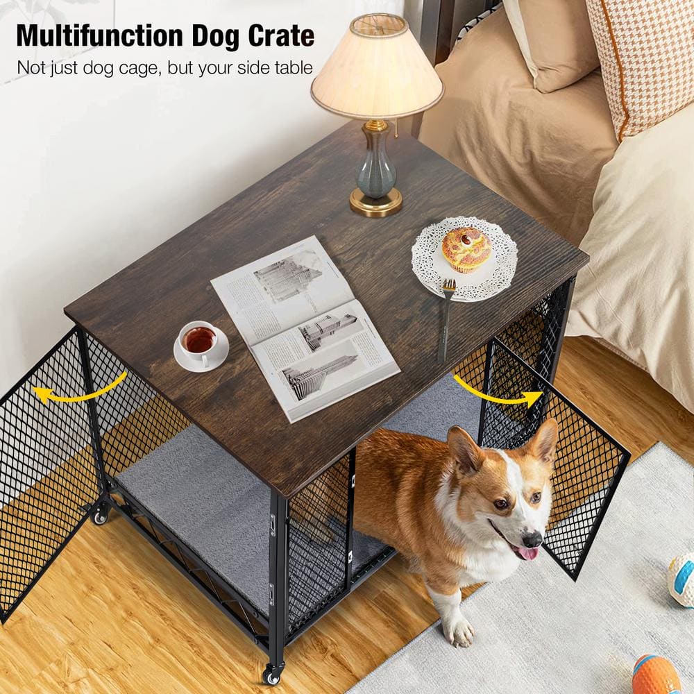 Large Black Metal Dog Crate Table with Casters