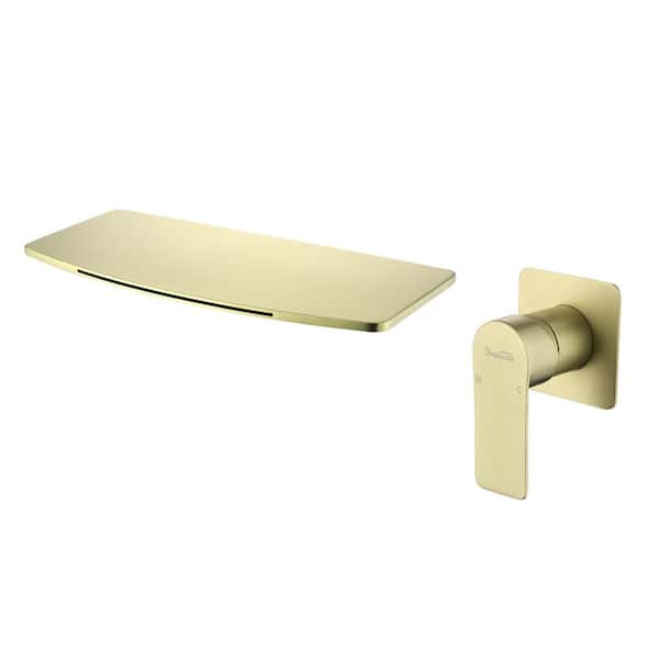 Single-Handle Wall-Mount Roman Tub Faucet with Valve Brass Modern Waterfall Bathroom Bathtub Filler in Brushed Gold