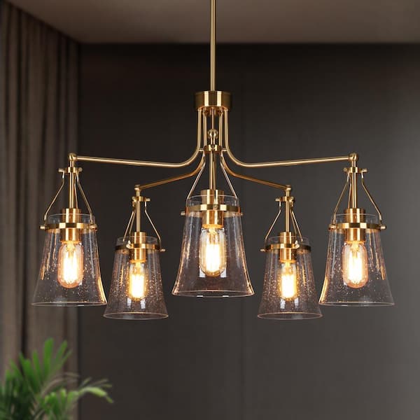 LNC Auisre Modern 5-Light Plated Brass Island Chandelier with Bell Seeded Glass Shades for Living Room Light, LED Compatible