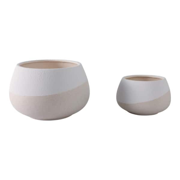 9 in. and 12 in. White Stoneware Half-Dipped Decorative Pots (Set of 2)