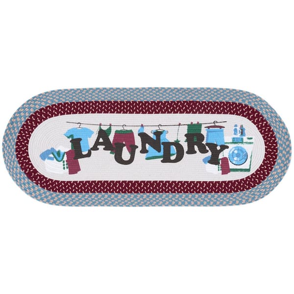 Braided Posters Ivory/Blue 2 ft. x 4 ft. Machine Washable Laundry Lines Oval Runner Rug
