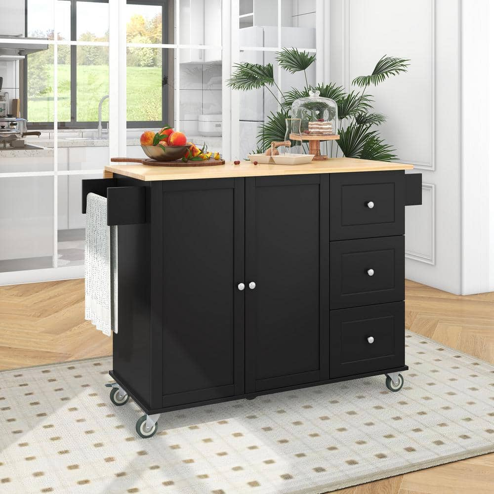 Cesicia Black Rubberwood Drop-Leaf Countertop 53.1 in. Kitchen Island Cart with Cabinet Door Internal Storage Racks and 3-Drawer