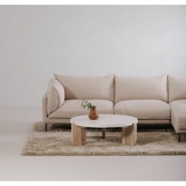 NADAAL STUDIOS Ronan 36.5 in. White Round Stone Coffee Table with Acacia Base