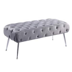 Gray and Chrome 48 in. Backless Bedroom Bench with Tufted Padded Seat and Angled Tapered Legs