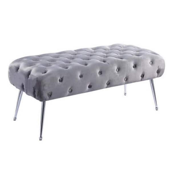 Benjara Gray and Chrome 48 in. Backless Bedroom Bench with Tufted Padded Seat and Angled Tapered Legs