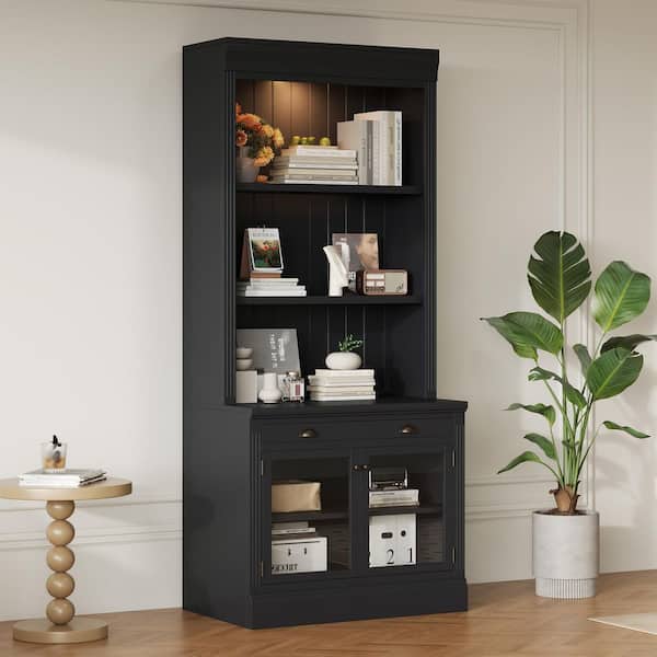 83.4 in. Tall Black Wood 3-Shelf Standard Bookcase with LED Lighting, 2 Glass Doors and 1 Drawer