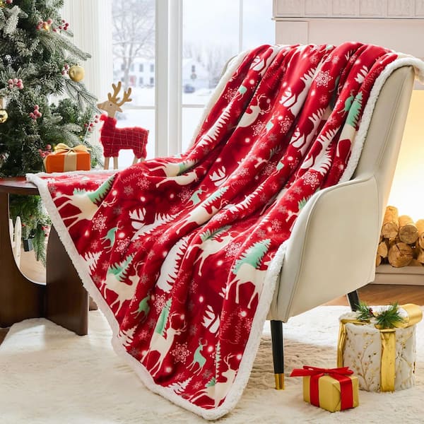 DoubleDeer Festive Red Christmas Plaid Reversible Sherpa Flannel Cozy Throw Blanket with Holiday Patterns