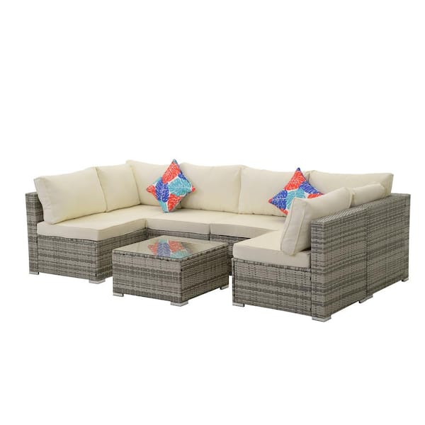 Clihome 7-Piece Outdoor Gray PE Rattan Wicker Sofa Set Patio Conversation Set with Removable White Cushions and Coffee Table