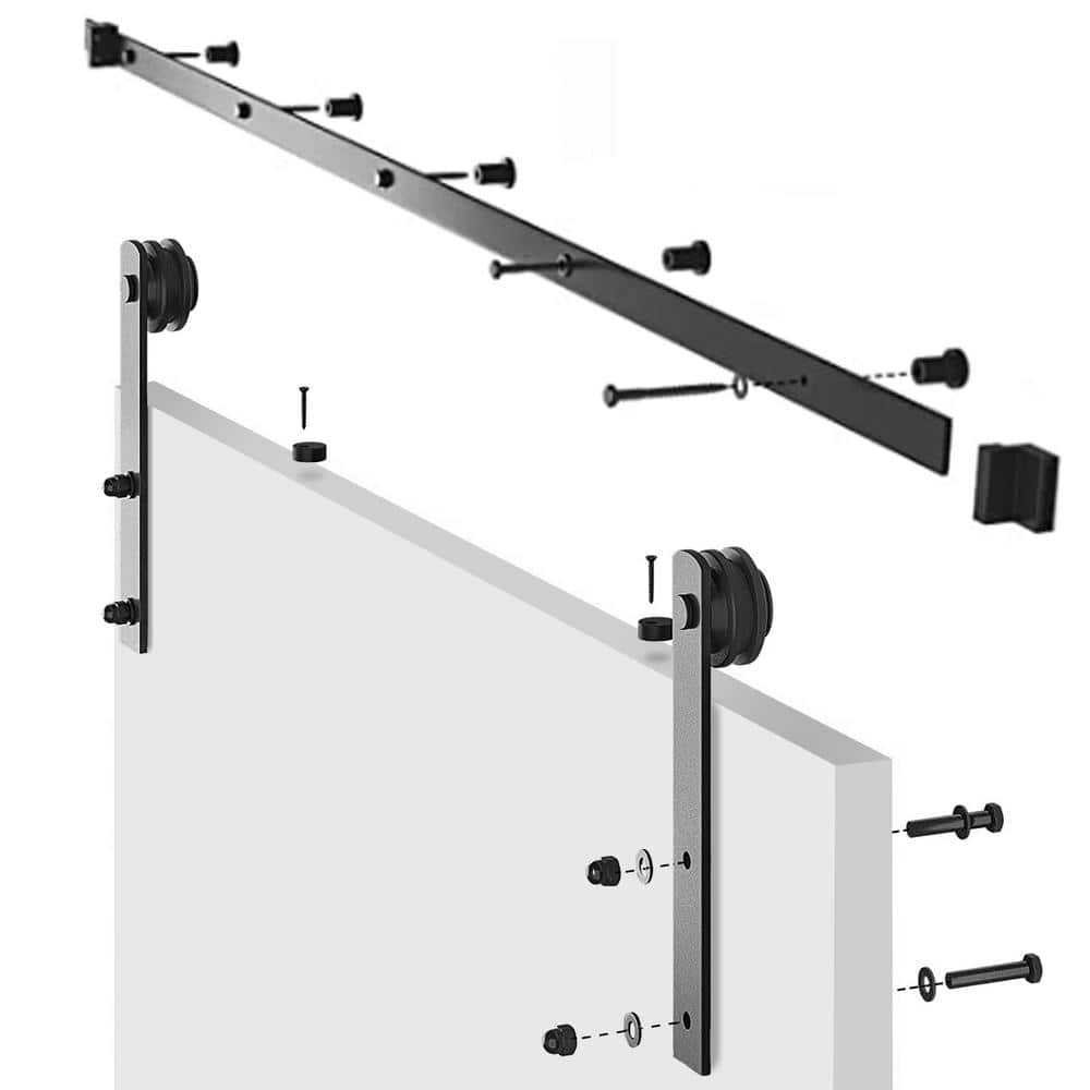 Snow White Composite Barn Door with Frosted Glass Panels and Black Hardware Kit