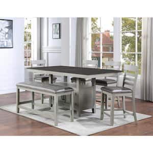 Hyland Gray Wood Counter Height Dinning Set with 4-Upholstered Chairs and 1-Upholstered Bench 6-Piece
