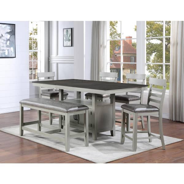 Steve Silver Hyland Gray Wood Counter Height Dinning Set with 4-Upholstered Chairs and 1-Upholstered Bench 6-Piece