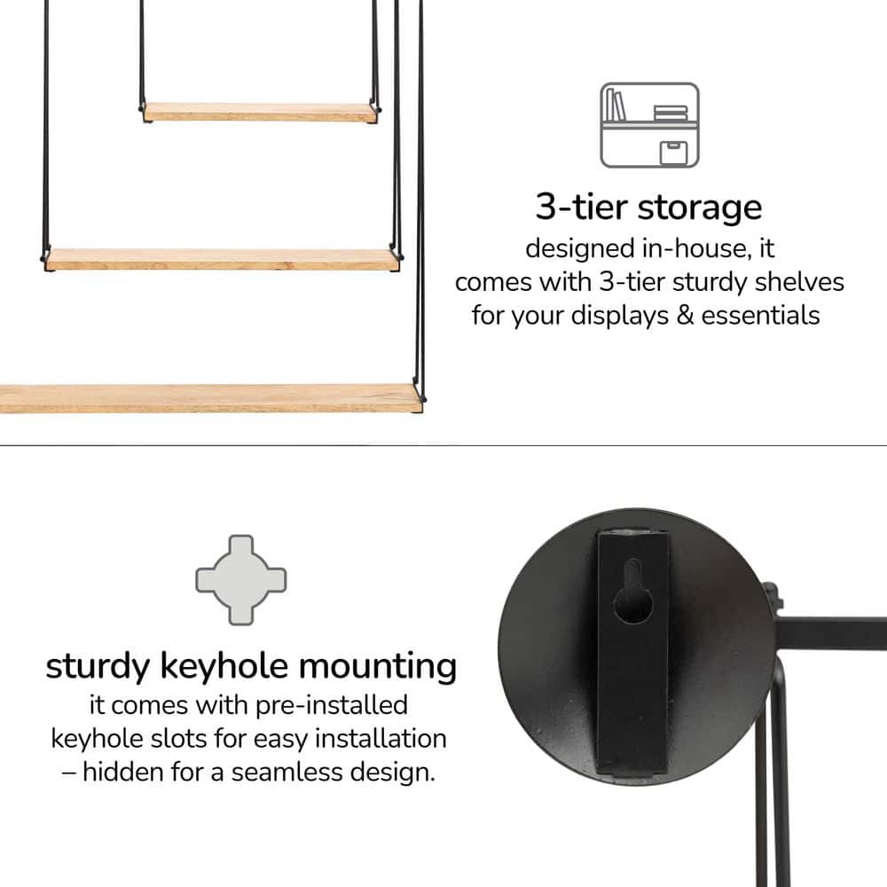 Sleek Scandinavian Black Iron & Wood 3-Tier Floating Shelf