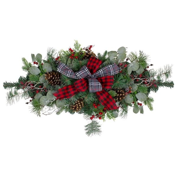 36" Dual Plaid Bows and Red Berries Artificial Christmas Swag-Unlit