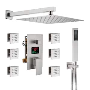 Temperature Display 3-Spray Patterns Thermostatic 12 in. Wall Mount Rain Dual Shower Heads with 6-Jet in Brushed Nickel